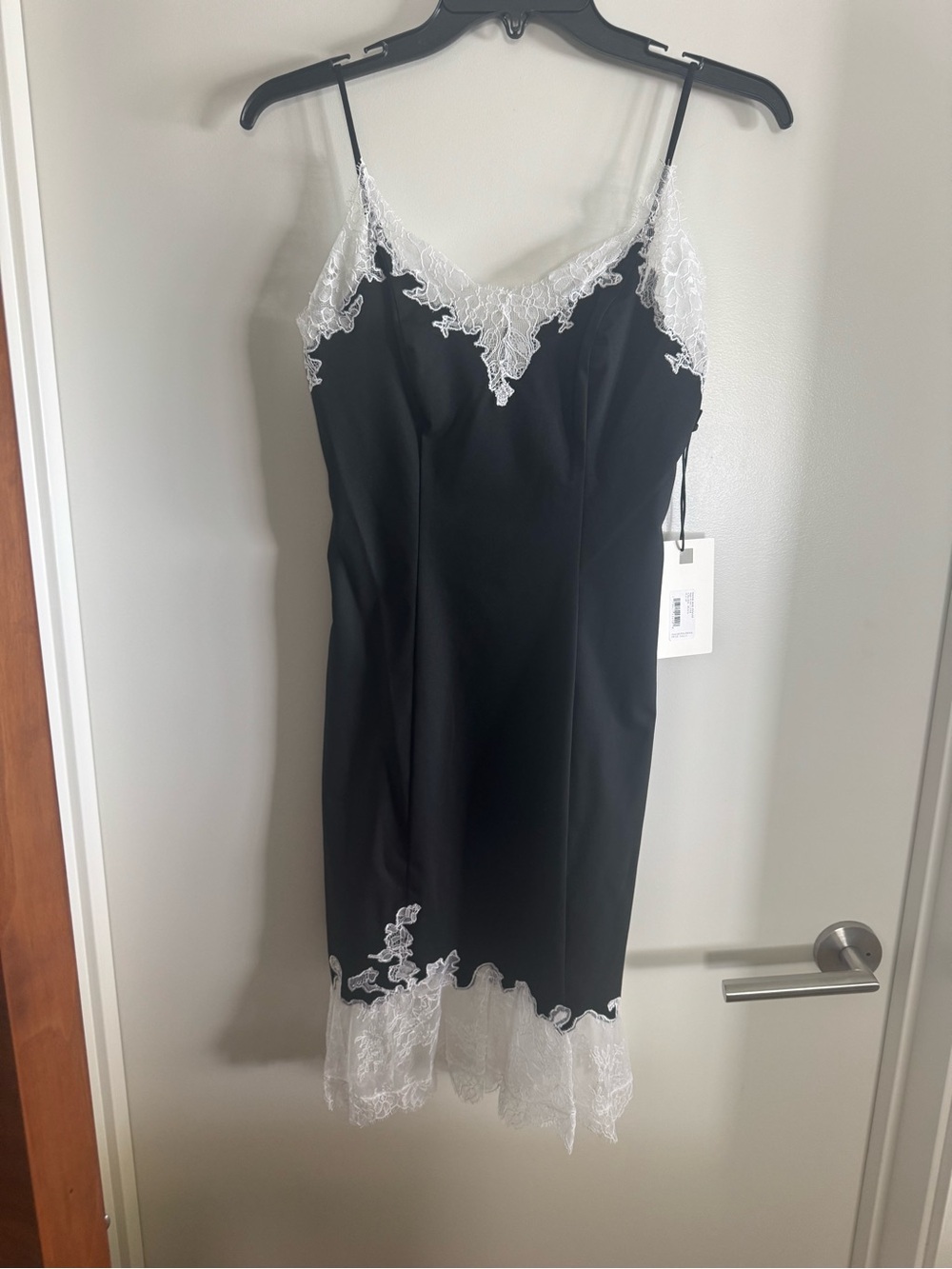 STAUD Black Slip Dress with White Lace Trim
